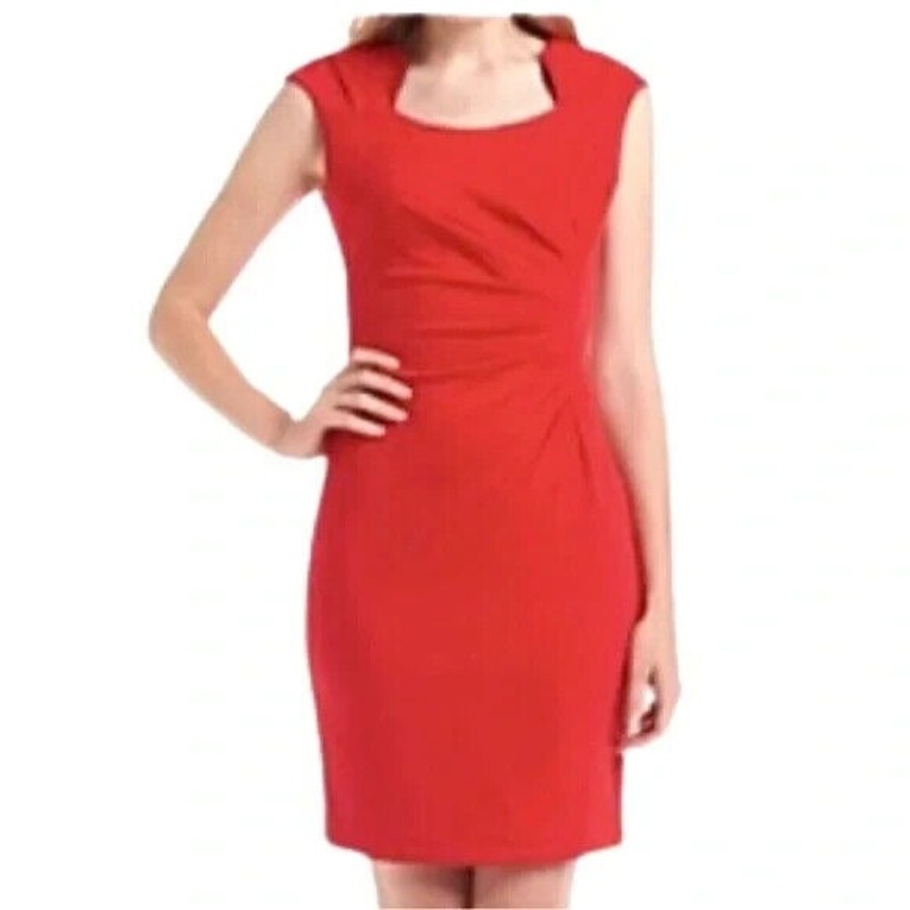 Calvin Klein Midi Dress Size 6 Red Sheath Square Neck Ruched Notch Date Night